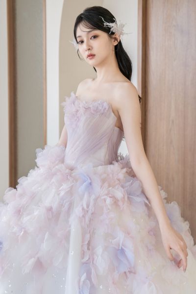 高雄翡麗婚紗 韓系婚紗 花園系列禮服 晨霧花雨．粉紫仙氣桃心領晚禮服1