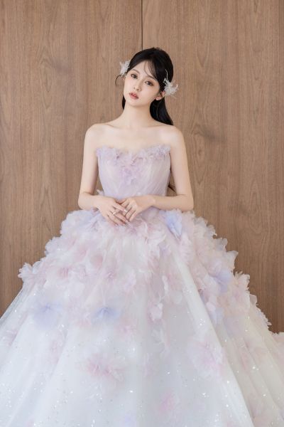 高雄翡麗婚紗 韓系婚紗 花園系列禮服 晨霧花雨．粉紫仙氣桃心領晚禮服1